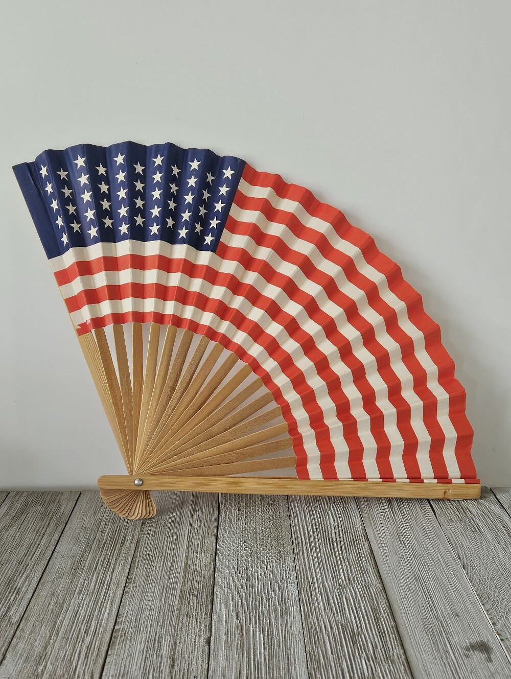 USA American Flag 10.5" Folding Hand Held Fan Paper Flag on Wooden Framed Fan.